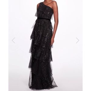 Marchesa Notte One-Shoulder Tiered Gown - Black